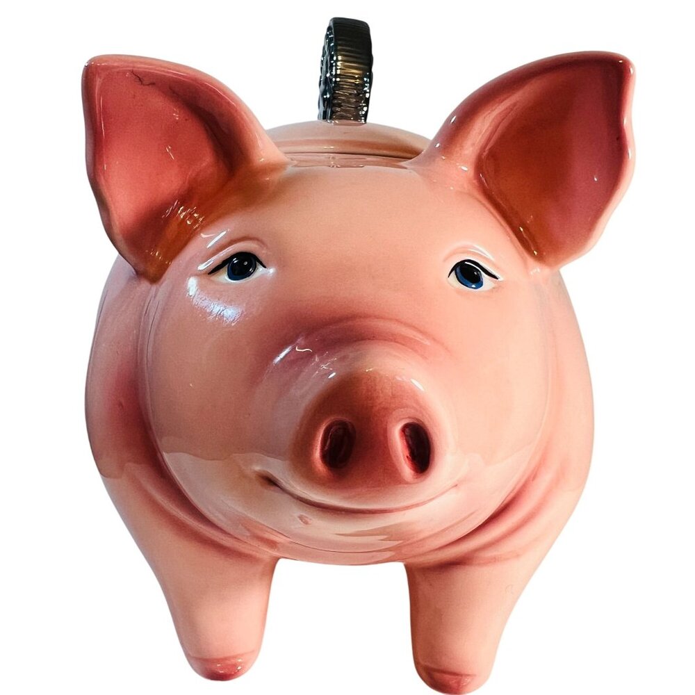 Vtg Clay Art Hand Painted Piggy Cookie Jar 1999 Unique Lid Chrome Coin READ